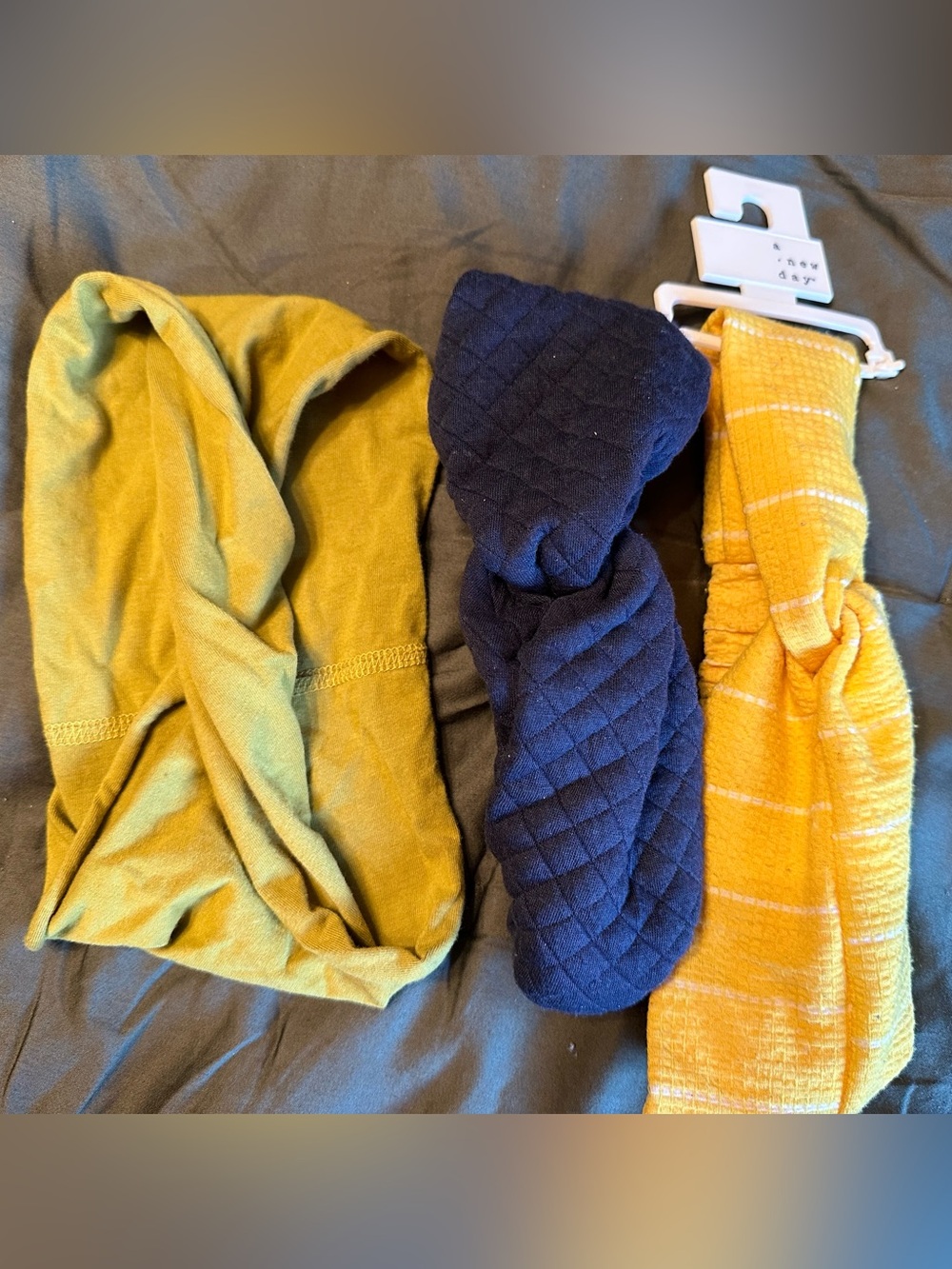 3 head wraps-green, navy & yellow/white stripe